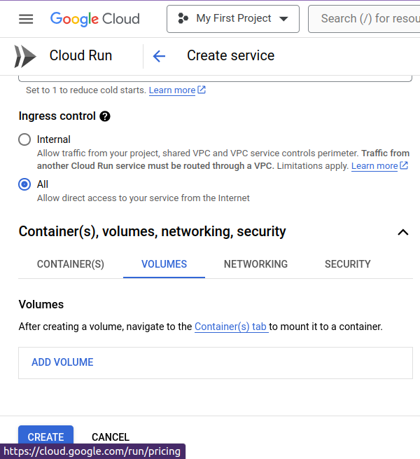 gcp cloud run volumes section